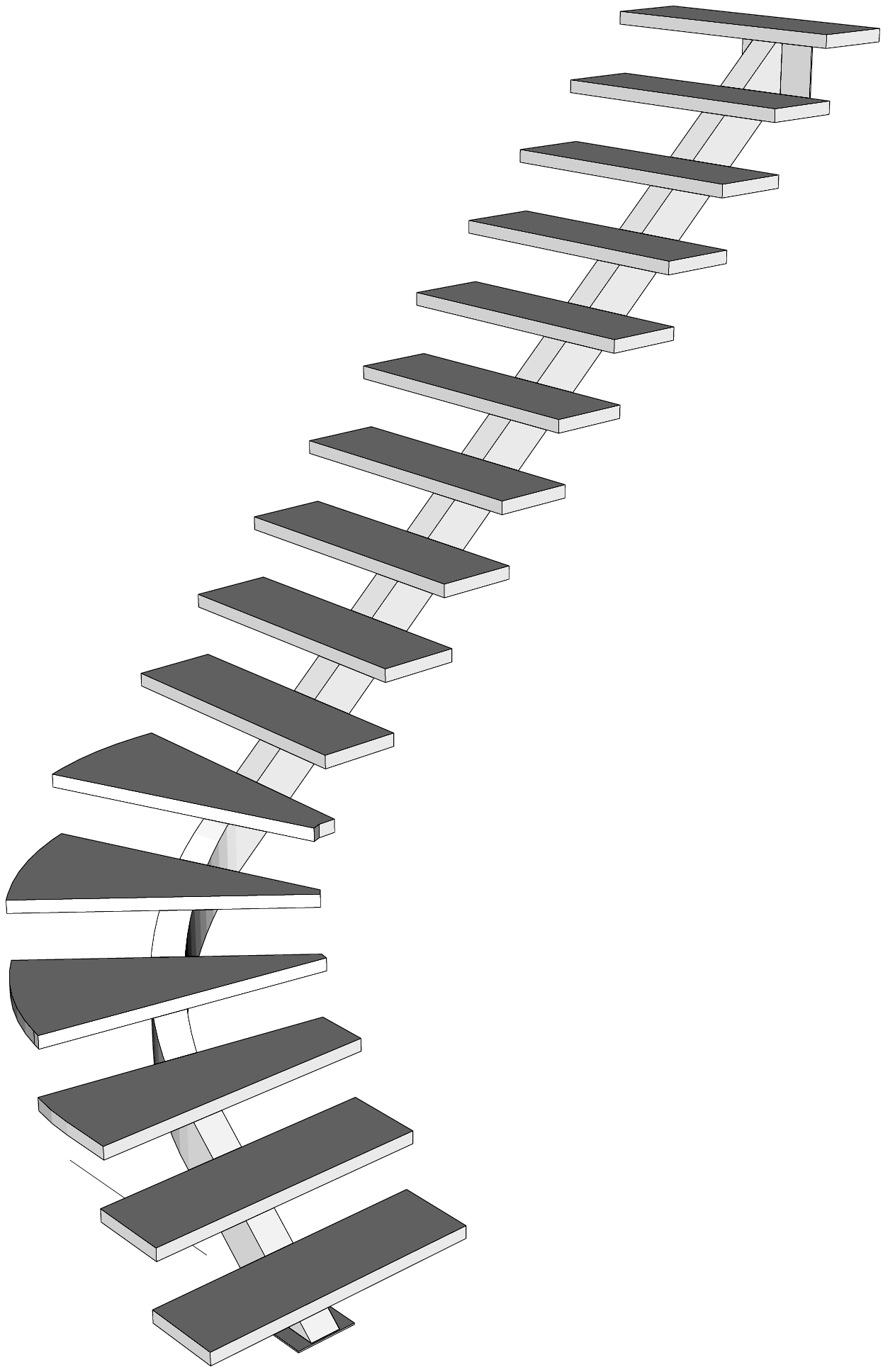 Schéma d'un escalier à limon central, quart tournant